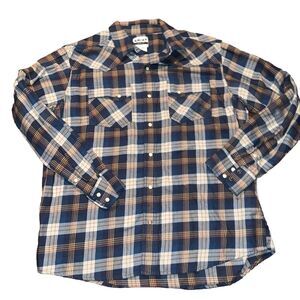Ariat Retro Fit Flannel Shirt Mens XL Blue Tan Plaid Western Pearl Snap Cotton